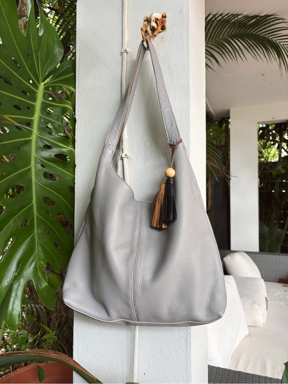 The Sak Huntley Hobo Light Grey Leather Bag with Tassel Accent